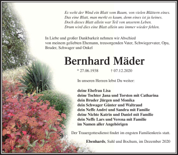 Traueranzeige von Bernhard Mäder von Südthüringer Presse