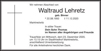 Traueranzeige von Waltraud Lehretz von Frankenpost