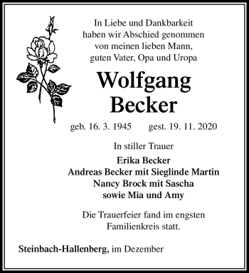 Traueranzeige von Wolfgan Becker von Südthüringer Presse