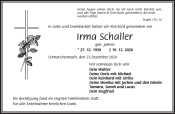 Traueranzeige von Irma Schaller von Frankenpost