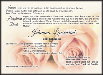 Traueranzeige von Johanna Leusenrink von Südthüringer Presse