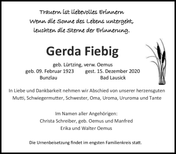 Traueranzeige von Gerda Fiebig von Südthüringer Presse