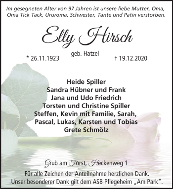 Traueranzeige von Elly Hirsch von Neue Presse Coburg