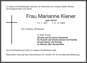 Traueranzeige von Marianne Kiener von Frankenpost