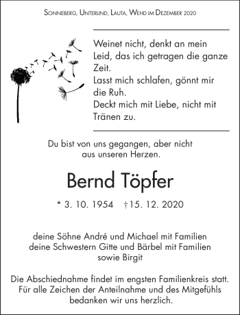 Traueranzeige von Bernd Töpfer von Südthüringer Presse