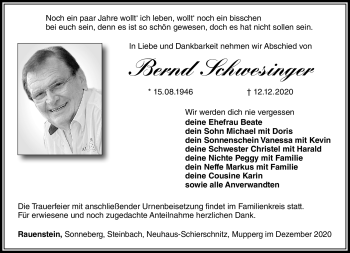 Traueranzeige von Bernd Schwesinger von Südthüringer Presse
