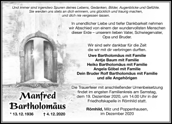Traueranzeige von Manfred Bartholomäus von Südthüringer Presse