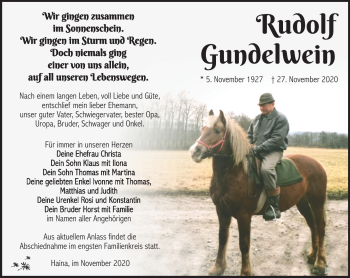 Traueranzeige von Rudolf Gundelwein von Südthüringer Presse