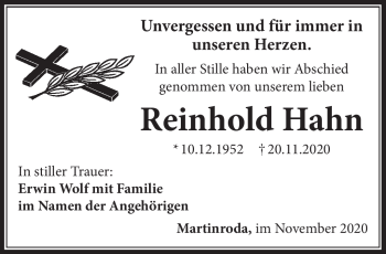 Traueranzeige von Reinhold Hahn von Südthüringer Presse
