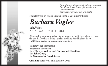 Traueranzeige von Barbara Vogler von Südthüringer Presse