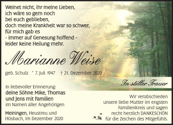 Traueranzeige von Marianne Weise von Südthüringer Presse
