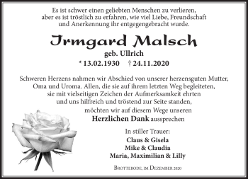 Traueranzeige von Irmgard Malsch von Südthüringer Presse