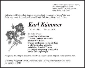 Traueranzeige von Karl Kämmer von Südthüringer Presse