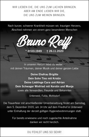 Traueranzeige von Bruno Reiff von Südthüringer Presse