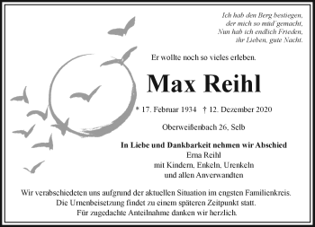 Traueranzeige von Max Reihl von Frankenpost