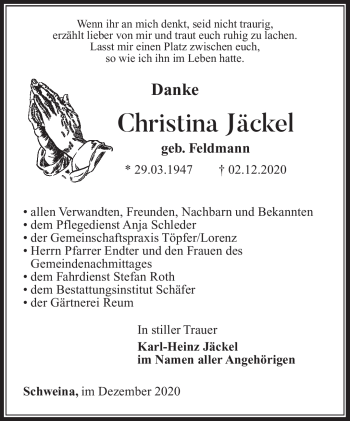 Traueranzeige von Christina Jäckel von Südthüringer Presse