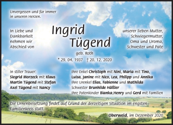 Traueranzeige von Ingrid Tügend von Südthüringer Presse