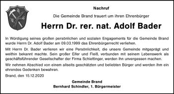 Traueranzeige von Adolf Bader von Frankenpost
