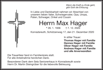 Traueranzeige von Max Hager von Frankenpost