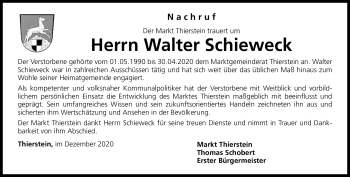 Traueranzeige von Walter Schieweck von Frankenpost