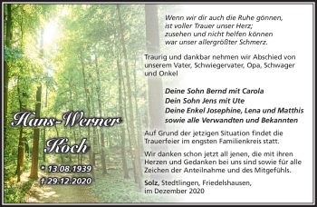 Traueranzeige von Hans-Werner Koch von Südthüringer Presse