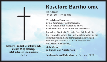 Traueranzeige von Roselore Bartholome von Südthüringer Presse