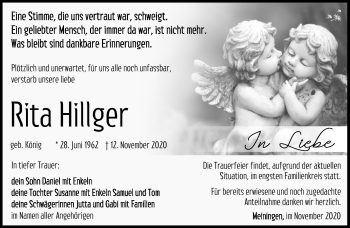 Traueranzeige von Rita Hillger von Südthüringer Presse