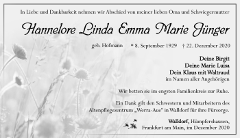 Traueranzeige von Hannelore Jünger von Südthüringer Presse