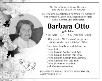 Traueranzeige von Barbara Otto von Südthüringer Presse