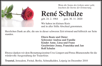 Traueranzeige von René Schulze von Südthüringer Presse