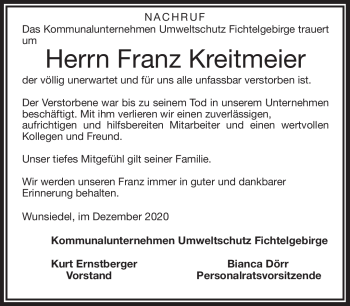 Traueranzeige von Franz Kreitmeier von Frankenpost