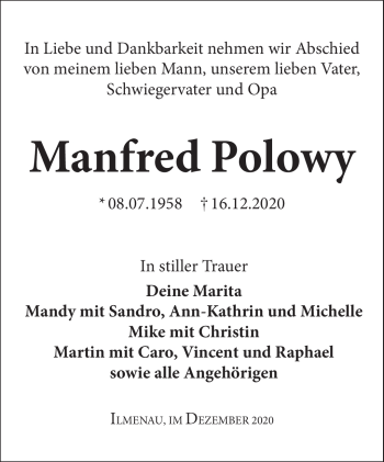 Traueranzeige von Manfred Polowy von Südthüringer Presse