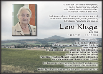 Traueranzeige von Leni Kluge von Südthüringer Presse