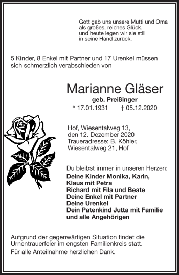 Traueranzeige von Marianne Gläser von Frankenpost