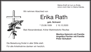 Traueranzeige von Erika Rath von Frankenpost