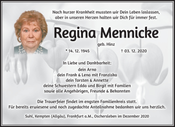 Traueranzeige von Regina Mennicke von Südthüringer Presse