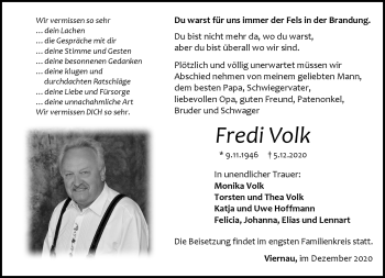 Traueranzeige von Fredi Volk von Südthüringer Presse