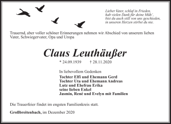 Traueranzeige von Claus Leuthäußer von Südthüringer Presse