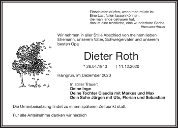 Traueranzeige von Dieter Roh von Frankenpost