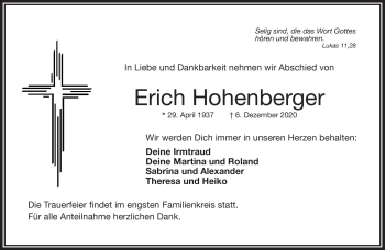 Traueranzeige von Erich Hohenberger von Frankenpost