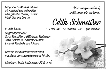 Traueranzeige von Edith Schmeißer von Südthüringer Presse