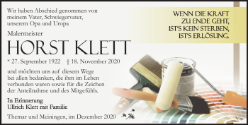 Traueranzeige von Horst Klett von Südthüringer Presse