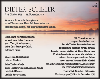 Traueranzeige von Dieter Scheler von Südthüringer Presse