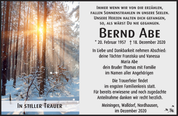 Traueranzeige von Bernd Abe von Südthüringer Presse