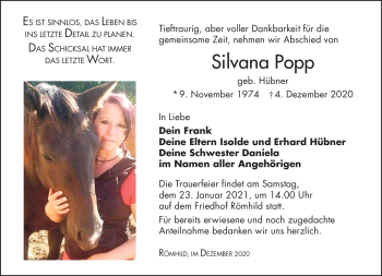 Traueranzeige von Silvana Popp von Südthüringer Presse