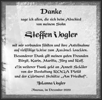 Traueranzeige von Steffen Vogler von Südthüringer Presse
