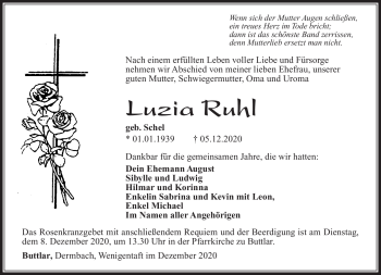Traueranzeige von Luzia Ruhl von Südthüringer Presse