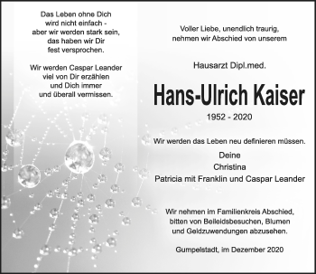 Traueranzeige von Hans-Ulrich Kaiser von Südthüringer Presse