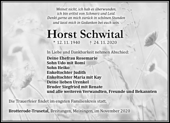 Traueranzeige von Horst Schwital von Südthüringer Presse