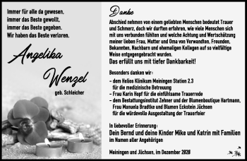 Traueranzeige von Angelika Wenzel von Südthüringer Presse